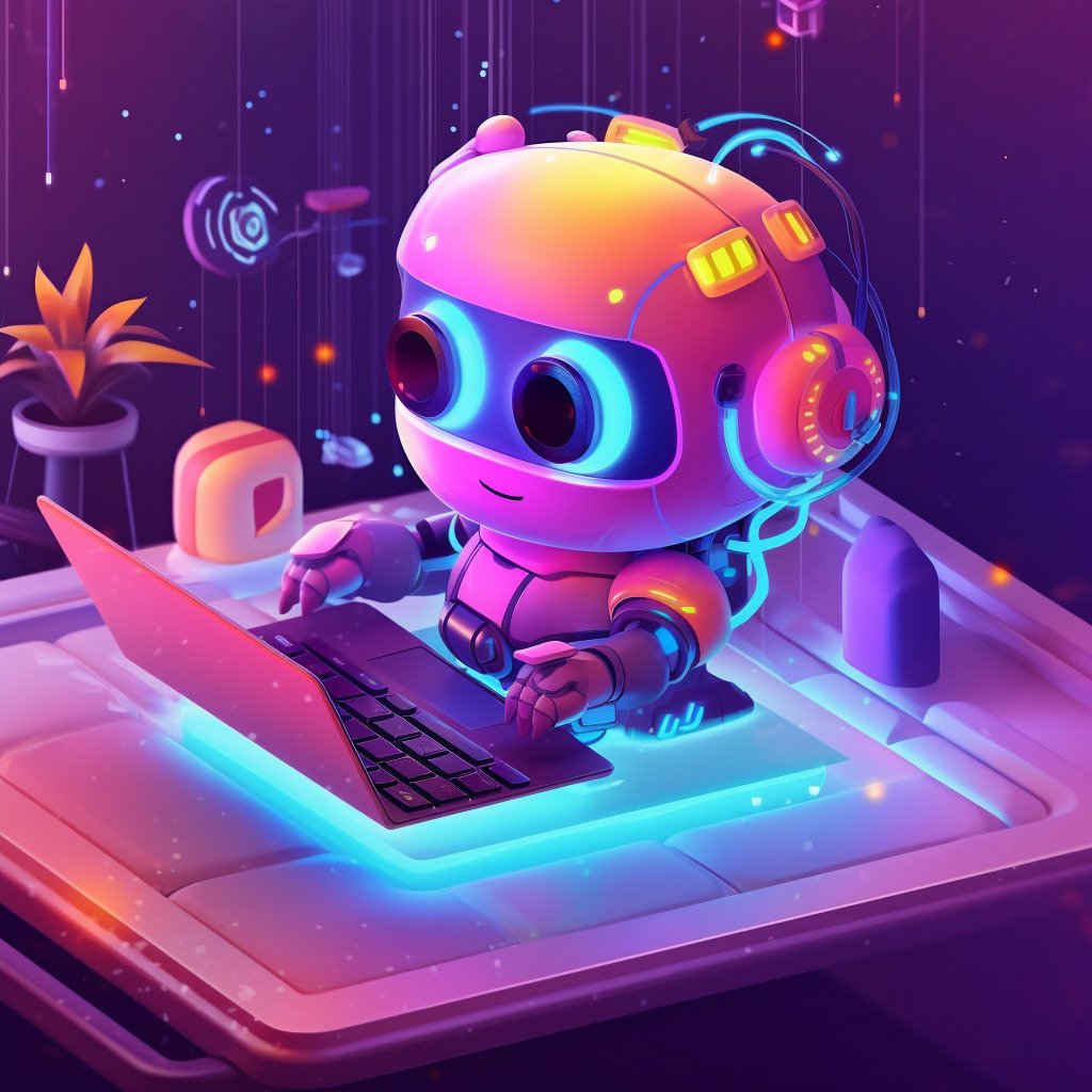 **A kawaii AI robot typing on a laptop working on content creation --v 5.1** - Image #1