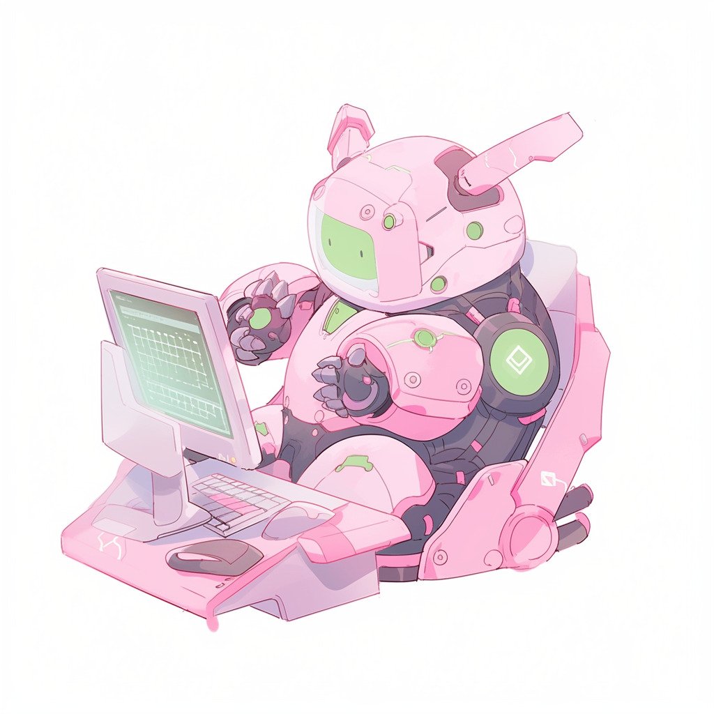 ****a chubby humanoid robot using a computer. White background. Kawaii. Pink. Green. Pale. Cute. Facing right --niji 5 --v 5** - Image #1