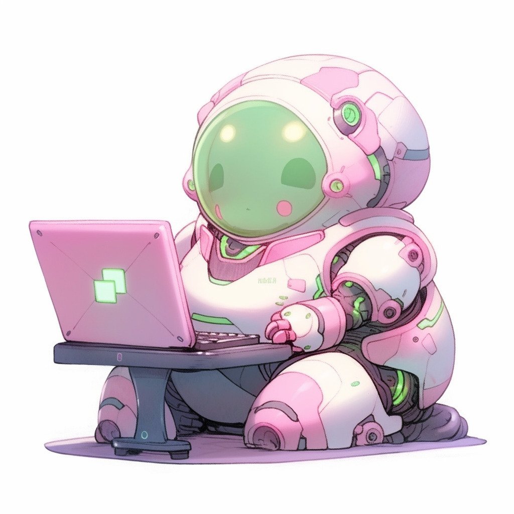 ****a chubby humanoid robot using a computer. White background. Kawaii. Pink. Green. Pale. Cute. Facing right --niji 5 --v 5** - Image #4