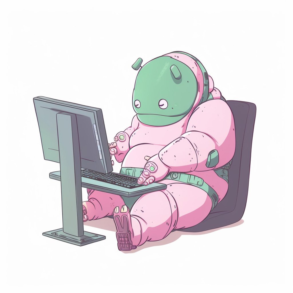 **a chubby humanoid robot using a computer. White background. Kawaii. Pink. Green. Pale. Cute. Social media --v 5** - Image #4