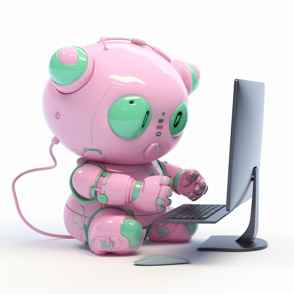 **a chubby humanoid robot using a computer. White background. Kawaii. Pink. Green. Pale. Cute. Social media --v 5** - Image #3
