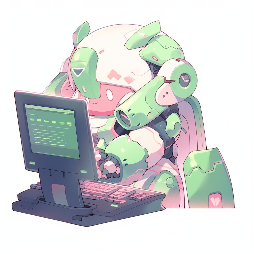 ****a chubby humanoid robot using a computer. White background. Kawaii. Pink. Green. Pale. Cute. Facing right --niji 5 --v 5** - Image #1
