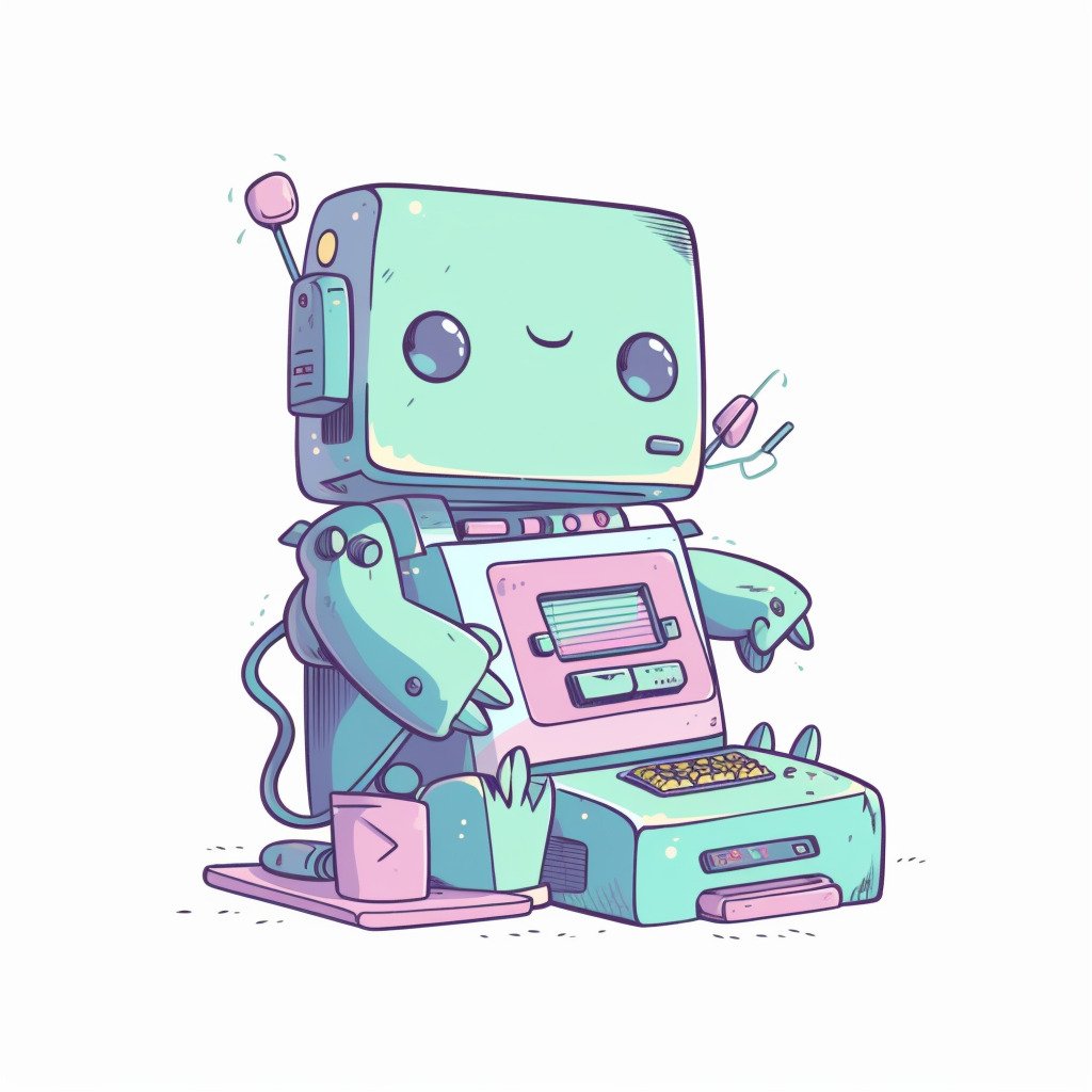 **a happy robot using a computer. White background. Kawaii. pink, lavender, mint green, baby blue, soft yellow. Pale. Cute. Social media --v 5** - Image #2