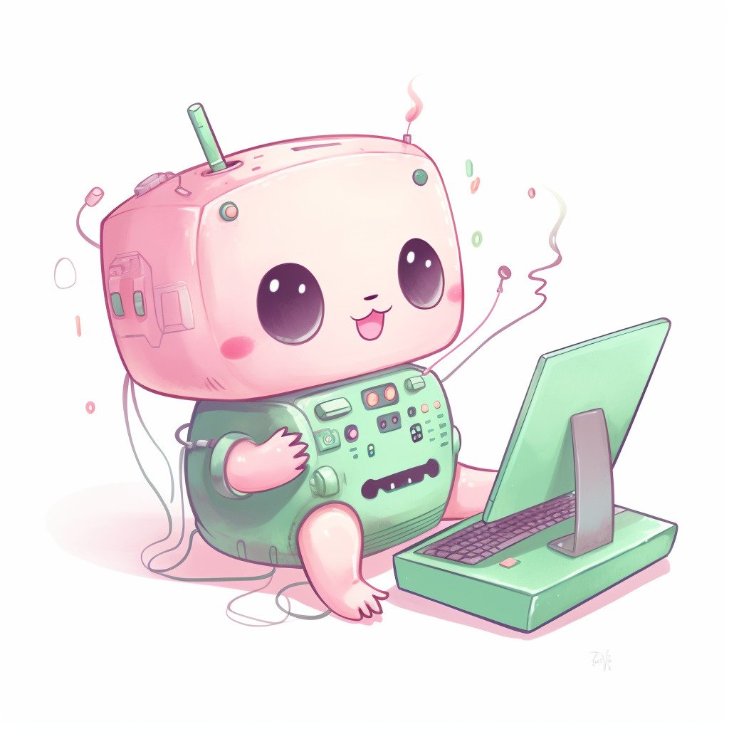 **a happy robot using a computer. White background. Kawaii. Pink. Green. Pale. Cute. Social media --v 5** - Image #4