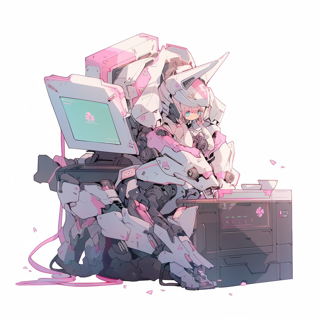 **a mecha using a computer. White background. Kawaii. Pink. Green. Pale. Cute. Facing right --niji 5 --v 5** - Image #2