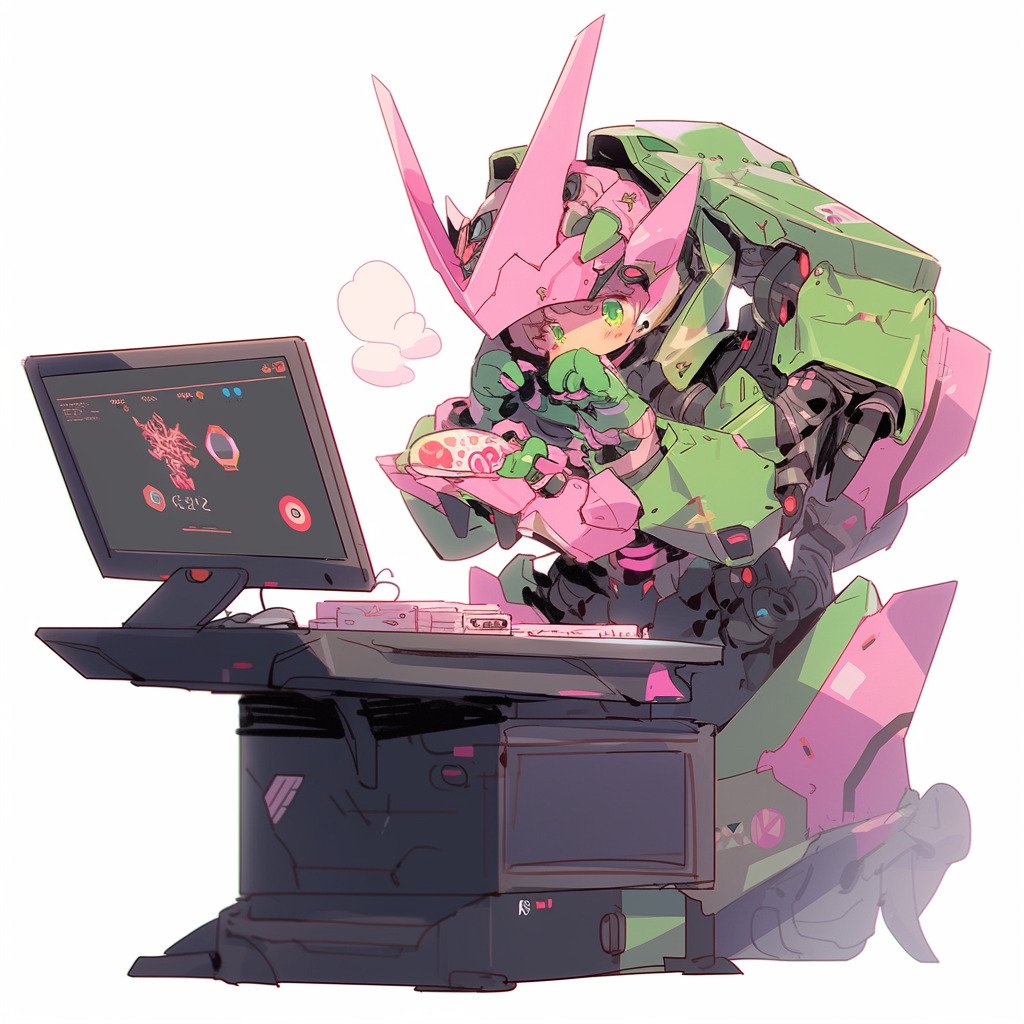 **a mecha using a computer. White background. Kawaii. Pink. Green. Pale. Cute. Facing right --niji 5 --v 5** - Image #1