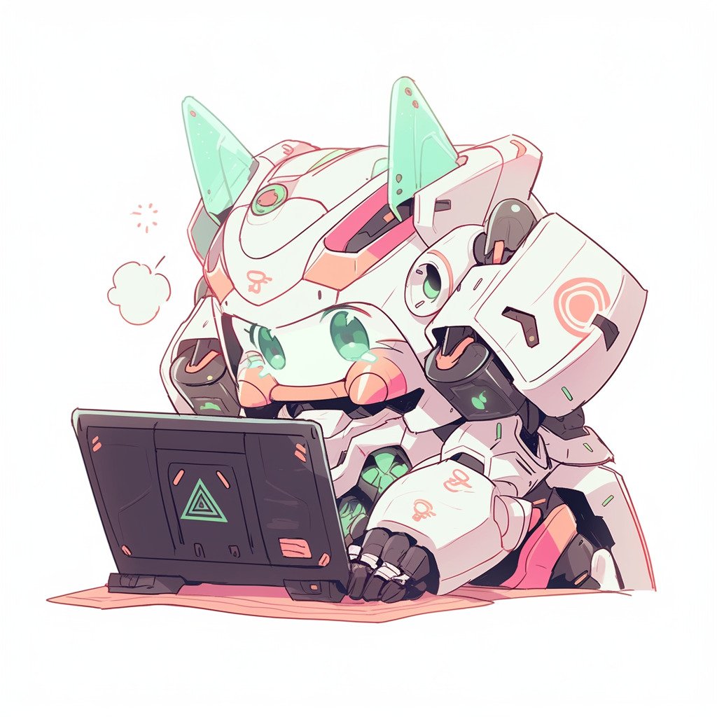**a mecha using a computer. White background. Kawaii. Pink. Green. Pale. Cute. Facing right --niji 5 --v 5** - Image #3
