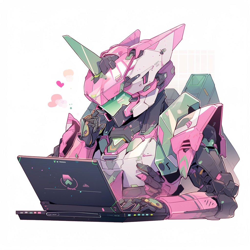 **a mecha using a computer. White background. Kawaii. Pink. Green. Pale. Cute. Facing right --niji 5 --v 5** - Image #1