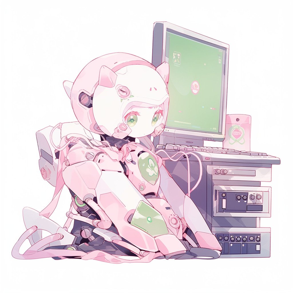 **a robot using a computer. White background. Kawaii. Pink. Green. Pale. Cute. Facing right --niji 5 --v 5** - Image #1