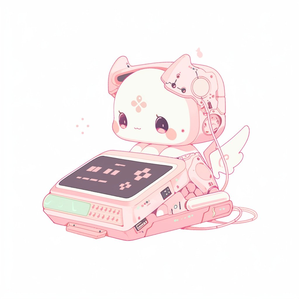 **a robot using a computer. White background. Kawaii. Pink. Green. Pale. Cute. Facing right --niji 5 --v 5** - Image #3