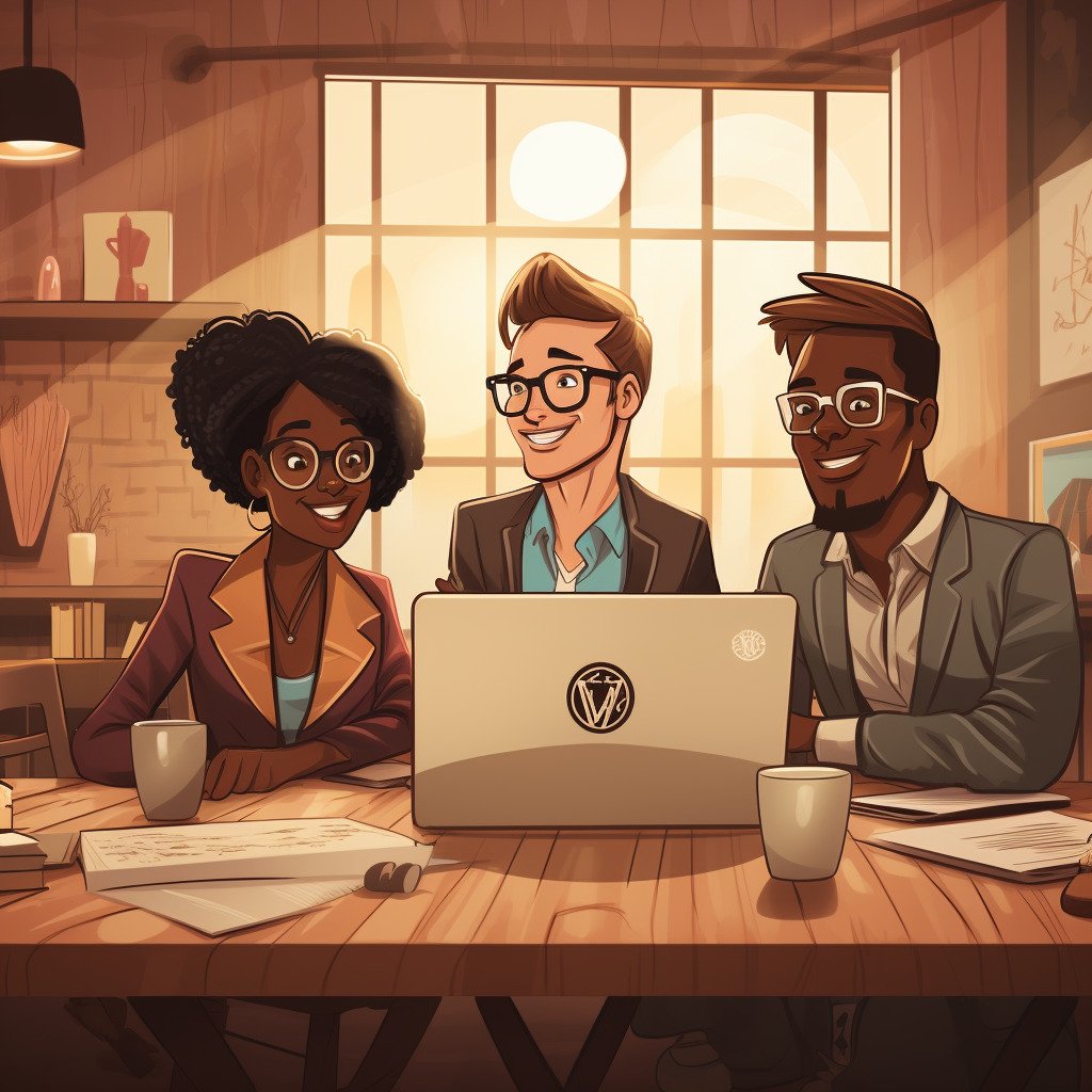 **a fancy classroom with 3 students learning how to use WordPress** - Image #2