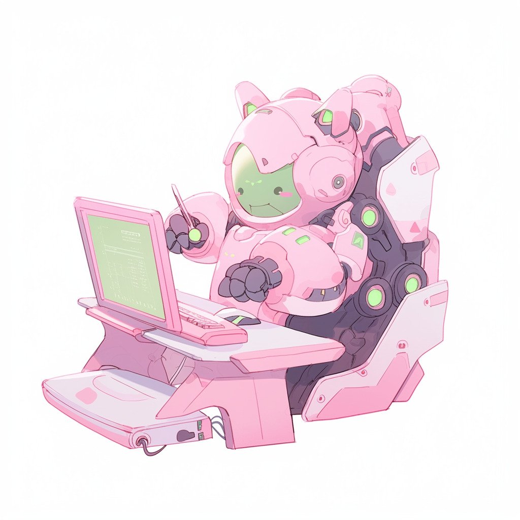 ****a chubby humanoid robot using a computer. White background. Kawaii. Pink. Green. Pale. Cute. Facing right --niji 5 --v 5** - Image #3