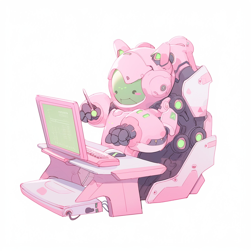 ****a chubby humanoid robot using a computer. White background. Kawaii. Pink. Green. Pale. Cute. Facing right --niji 5 --v 5** - Image #3