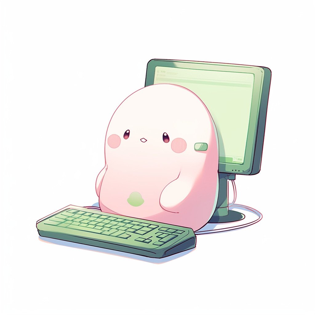 ****a chubby humanoid robot using a computer. White background. Kawaii. Pink. Green. Pale. Cute. Facing right --niji 5 --v 5** - Image #3