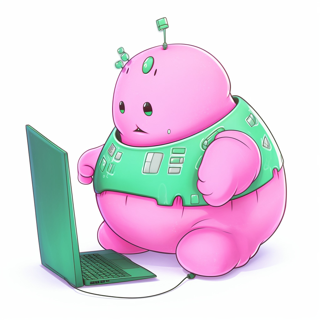 **a chubby humanoid robot using a computer. White background. Kawaii. Pink. Green. Pale. Cute. Social media --v 5** - Image #3