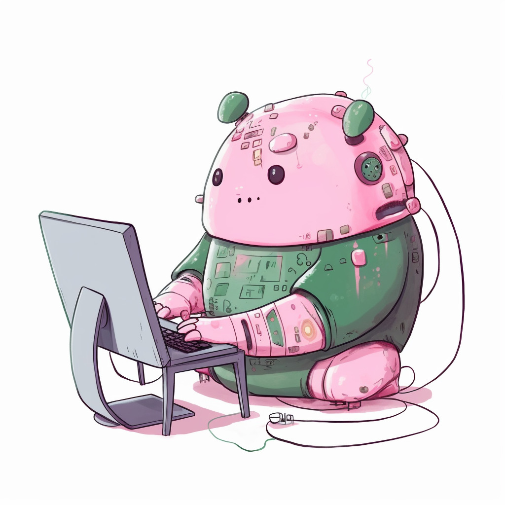 **a chubby humanoid robot using a computer. White background. Kawaii. Pink. Green. Pale. Cute. Social media --v 5** - Image #2