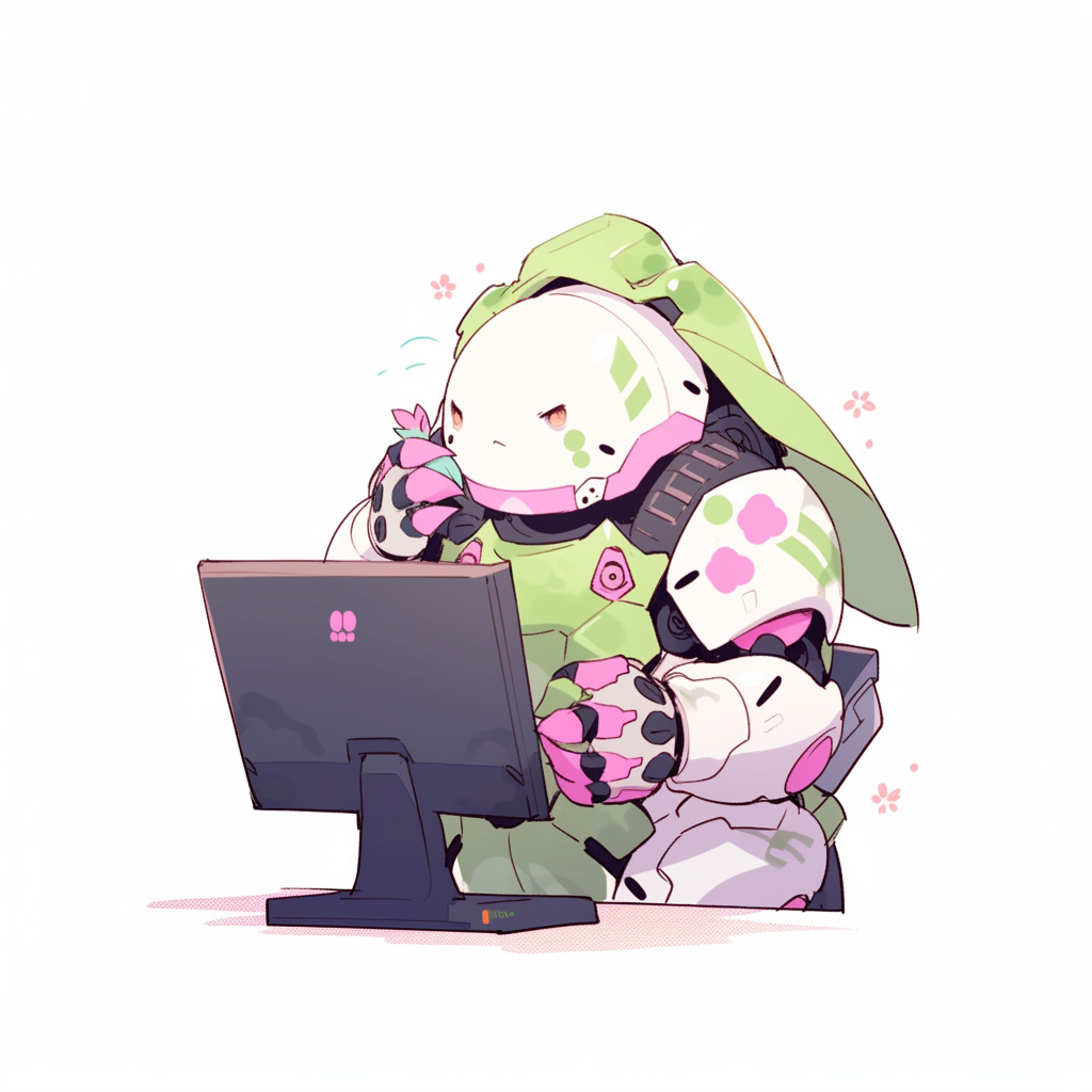 ****a chubby humanoid robot using a computer. White background. Kawaii. Pink. Green. Pale. Cute. Facing right --niji 5 --v 5** - Image #1