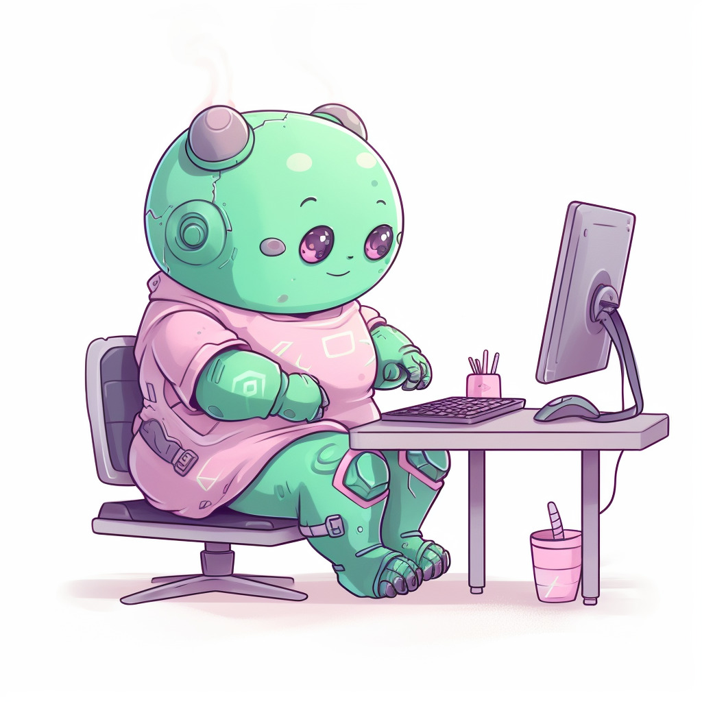 **a chubby humanoid robot using a computer. White background. Kawaii. Pink. Green. Pale. Cute. Social media --v 5** - Image #2