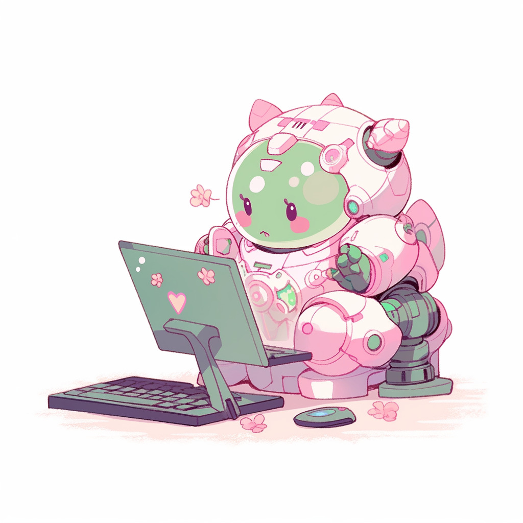 ****a chubby humanoid robot using a computer. White background. Kawaii. Pink. Green. Pale. Cute. Facing right --niji 5 --v 5** - Image #3