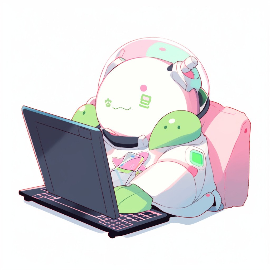 ****a chubby humanoid robot using a computer. White background. Kawaii. Pink. Green. Pale. Cute. Facing right --niji 5 --v 5** - Image #2