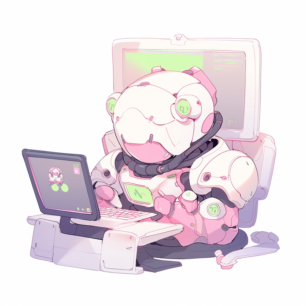 ****a chubby humanoid robot using a computer. White background. Kawaii. Pink. Green. Pale. Cute. Facing right --niji 5 --v 5** - Image #1