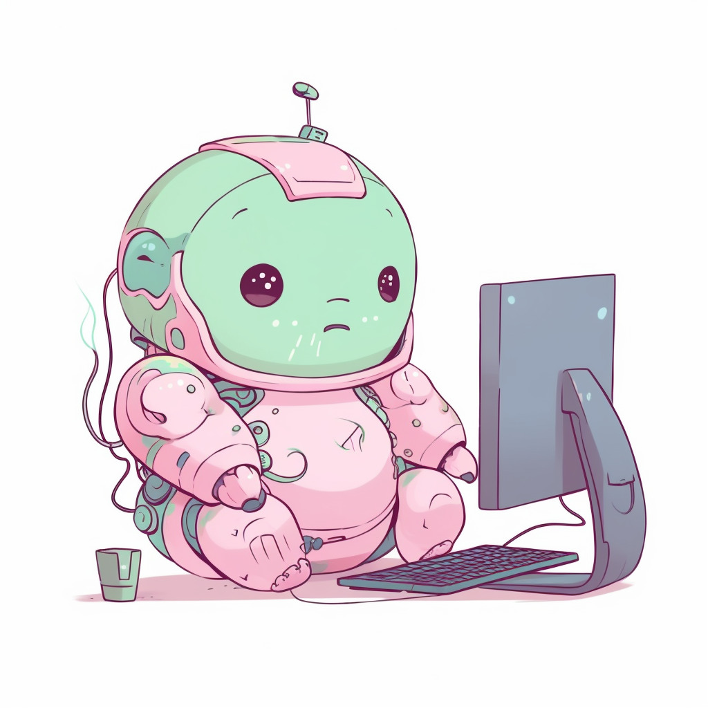 **a chubby humanoid robot using a computer. White background. Kawaii. Pink. Green. Pale. Cute. Social media --v 5** - Image #4