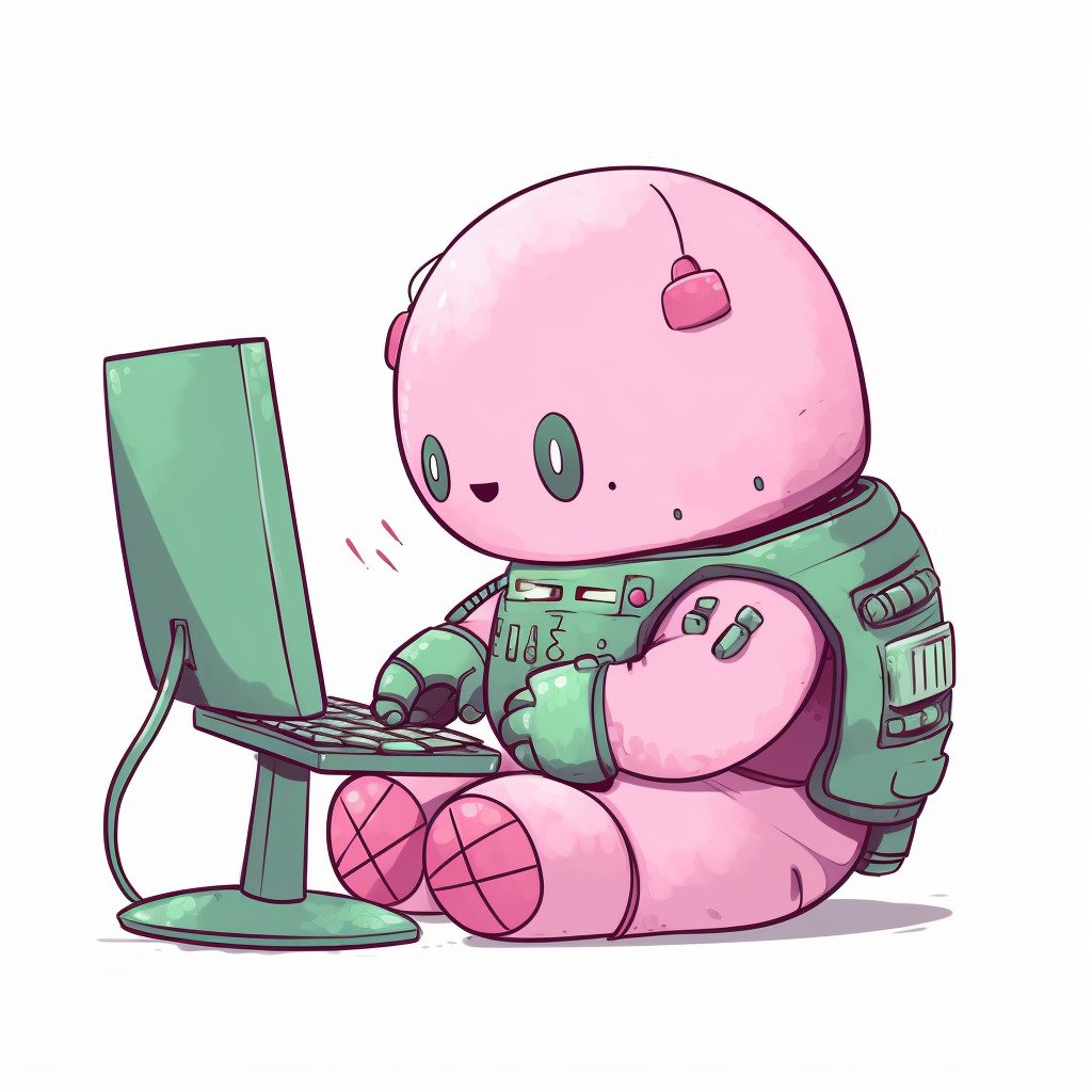 **a chubby humanoid robot using a computer. White background. Kawaii. Pink. Green. Pale. Cute. Social media --v 5** - Image #2