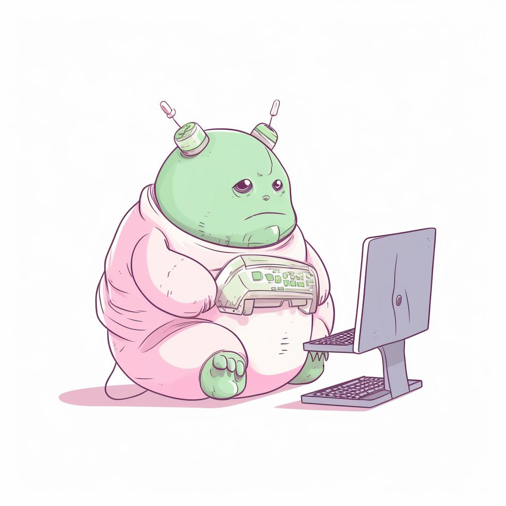 **a chubby humanoid robot using a computer. White background. Kawaii. Pink. Green. Pale. Cute. Social media --v 5** - Image #1