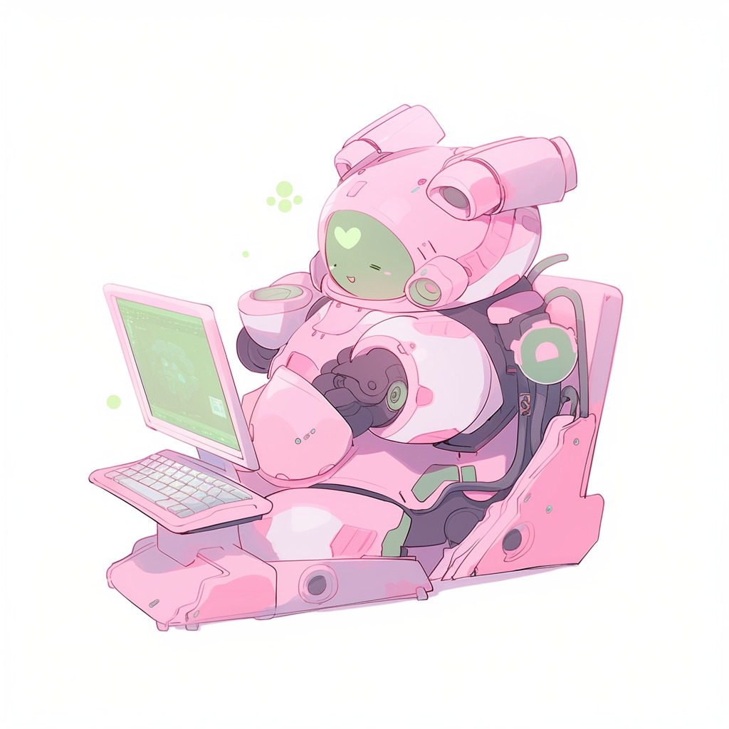 ****a chubby humanoid robot using a computer. White background. Kawaii. Pink. Green. Pale. Cute. Facing right --niji 5 --v 5** - Image #2