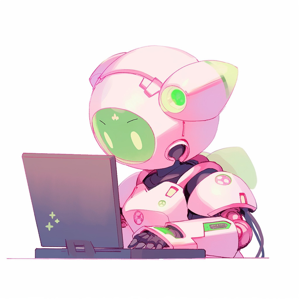 ****a chubby humanoid robot using a computer. White background. Kawaii. Pink. Green. Pale. Cute. Facing right --niji 5 --v 5** - Image #4