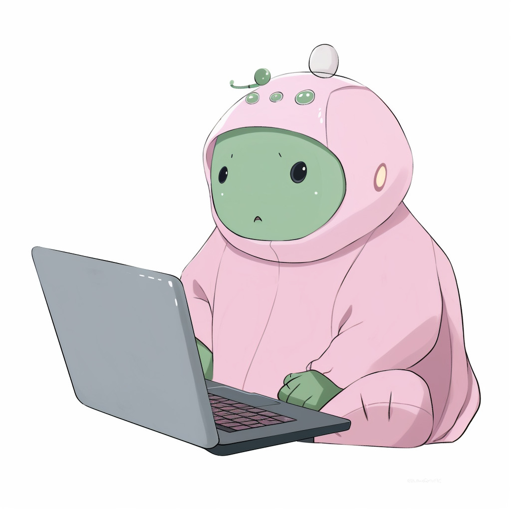 **a chubby humanoid robot using a computer. White background. Kawaii. Pink. Green. Pale. Cute. Social media --v 5** - Image #2