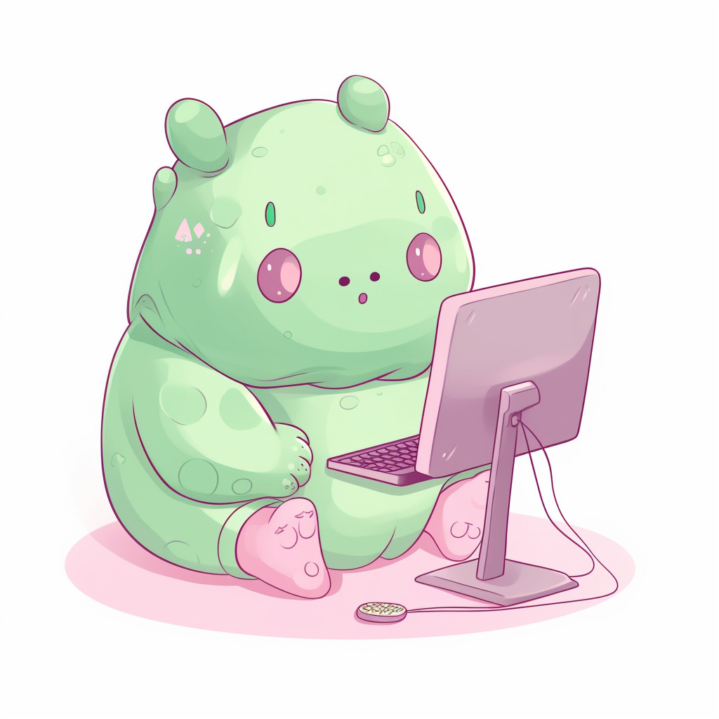 **a chubby humanoid robot using a computer. White background. Kawaii. Pink. Green. Pale. Cute. Social media --v 5** - Image #1