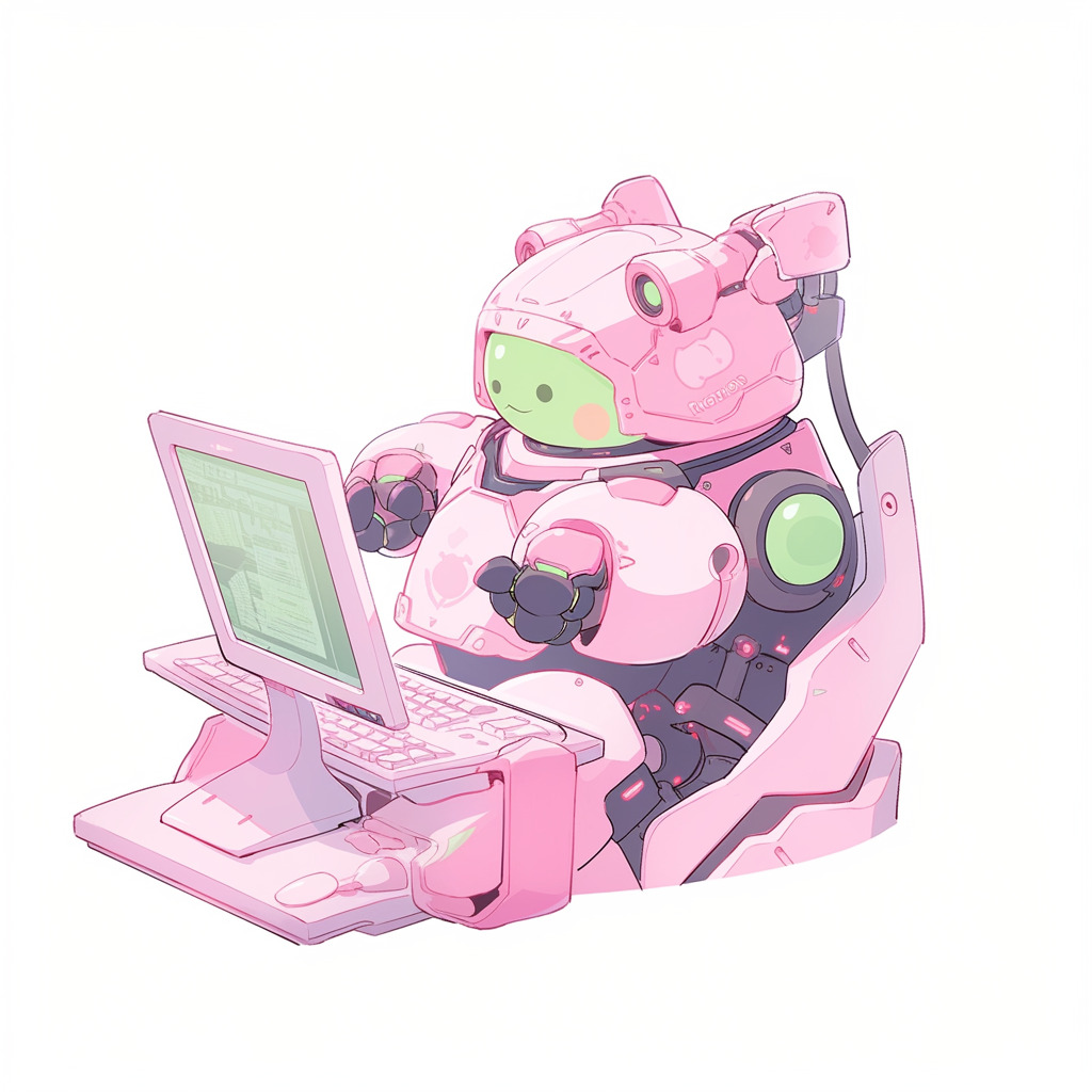 ****a chubby humanoid robot using a computer. White background. Kawaii. Pink. Green. Pale. Cute. Facing right --niji 5 --v 5** - Image #4