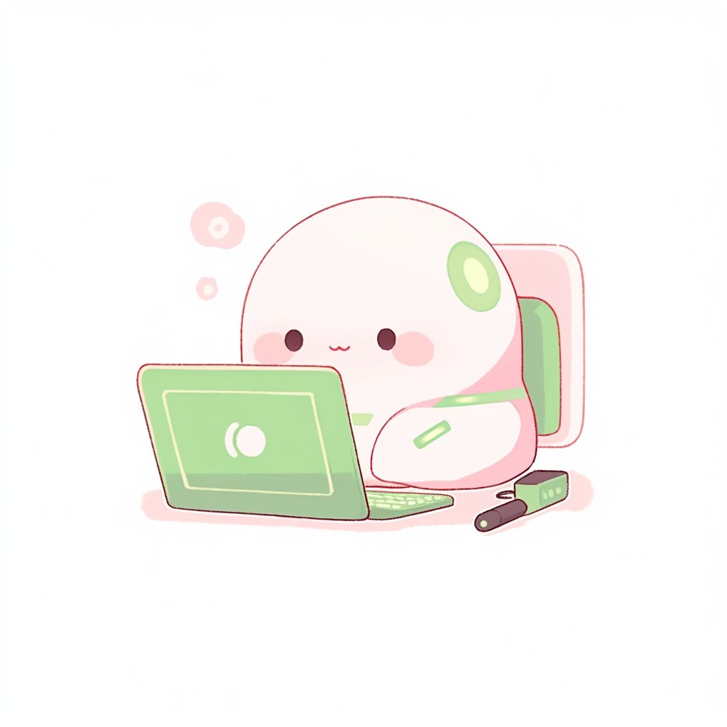 ****a chubby humanoid robot using a computer. White background. Kawaii. Pink. Green. Pale. Cute. Facing right --niji 5 --v 5** - Image #2