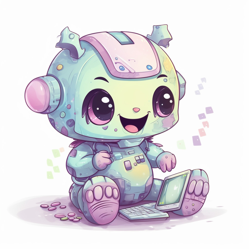 **a happy robot using a computer. White background. Kawaii. pink, lavender, mint green, baby blue, soft yellow. Pale. Cute. Social media --v 5** - Image #2