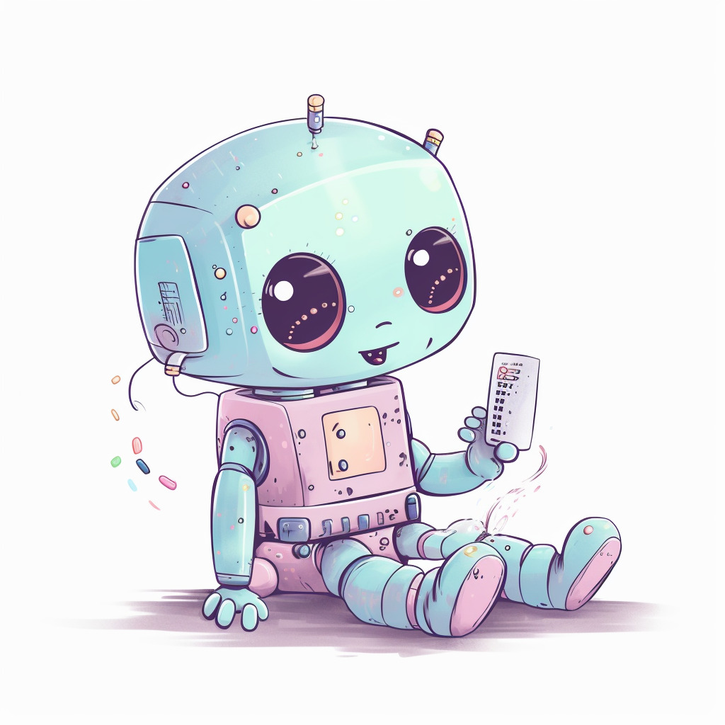 **a happy robot using a computer. White background. Kawaii. pink, lavender, mint green, baby blue, soft yellow. Pale. Cute. Social media --v 5** - Image #1