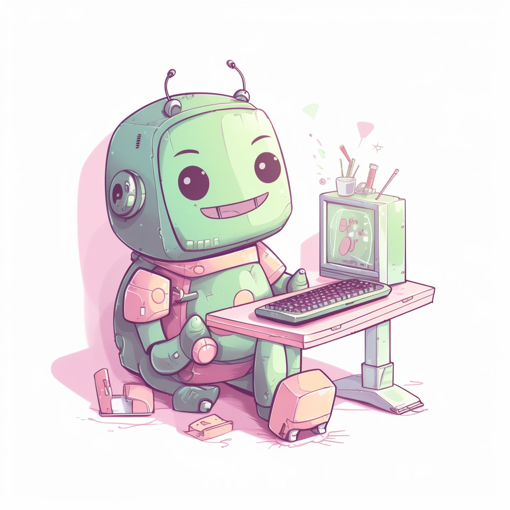 **a happy robot using a computer. White background. Kawaii. Pink. Green. Pale. Cute. Social media --v 5** - Image #3