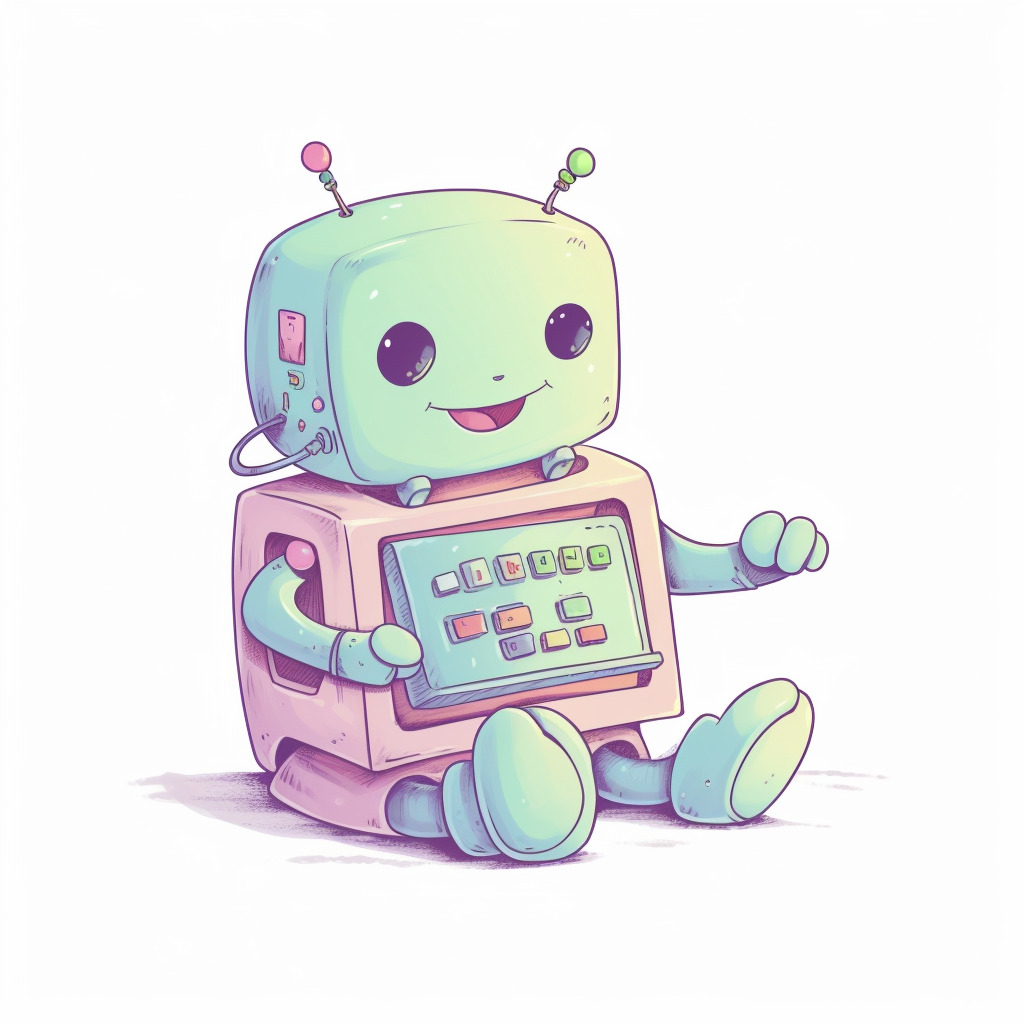 **a happy robot using a computer. White background. Kawaii. pink, lavender, mint green, baby blue, soft yellow. Pale. Cute. Social media --v 5** - Image #2