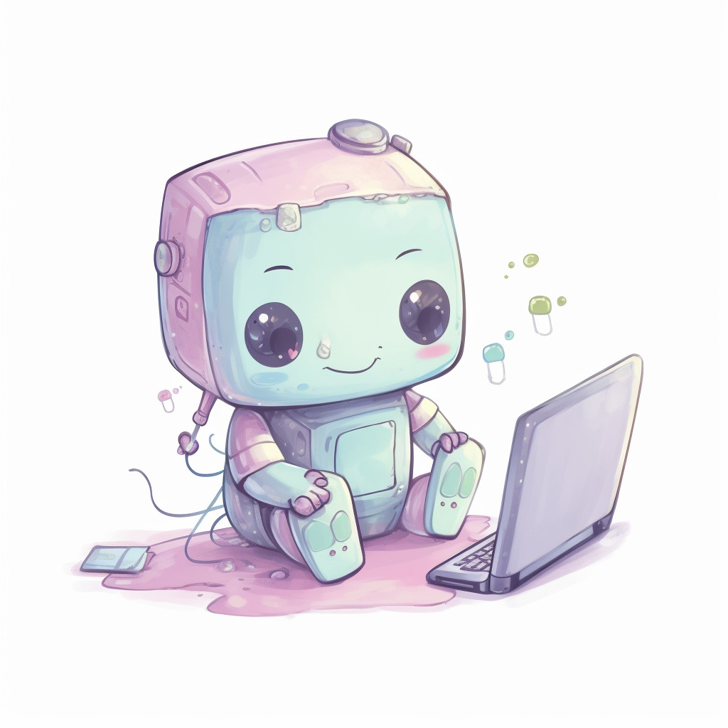 **a happy robot using a computer. White background. Kawaii. pink, lavender, mint green, baby blue, soft yellow. Pale. Cute. Social media --v 5** - Image #2