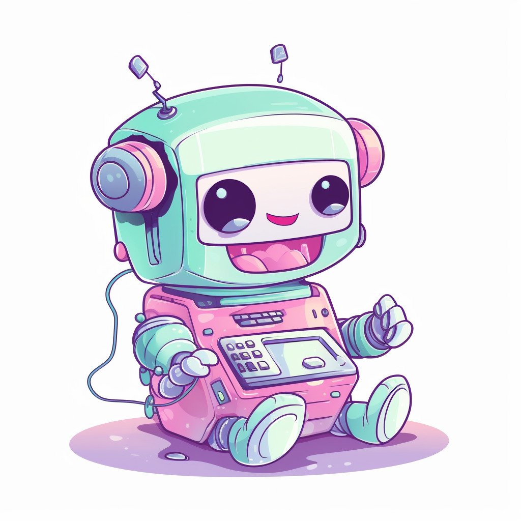 **a happy robot using a computer. White background. Kawaii. pink, lavender, mint green, baby blue, soft yellow. Pale. Cute. Social media --v 5** - Image #3