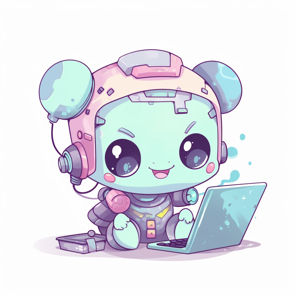 **a happy robot using a computer. White background. Kawaii. pink, lavender, mint green, baby blue, soft yellow. Pale. Cute. Social media --v 5** - Image #1