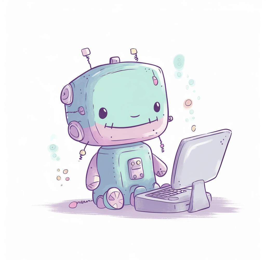 **a happy robot using a computer. White background. Kawaii. pink, lavender, mint green, baby blue, soft yellow. Pale. Cute. Social media --v 5** - Image #4