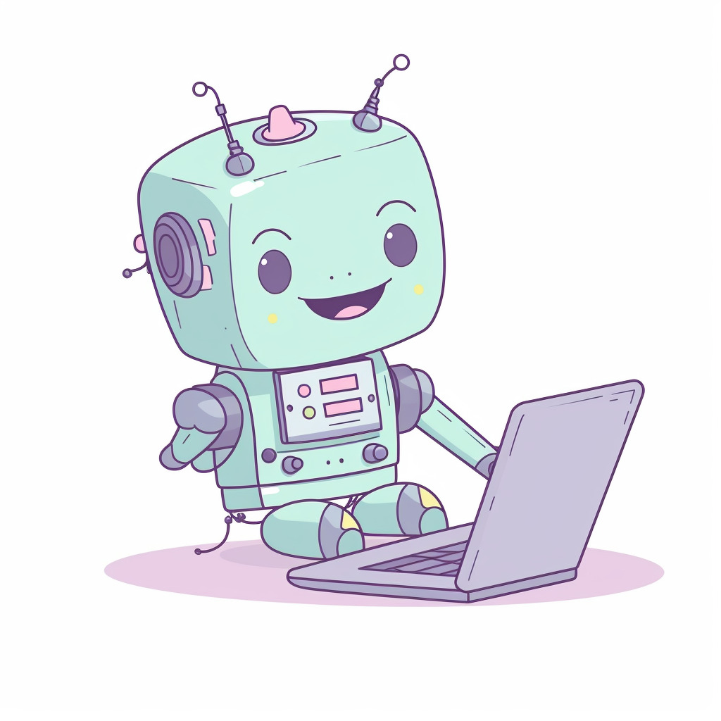 **a happy robot using a computer. White background. Kawaii. pink, lavender, mint green, baby blue, soft yellow. Pale. Cute. Social media --v 5** - Image #4