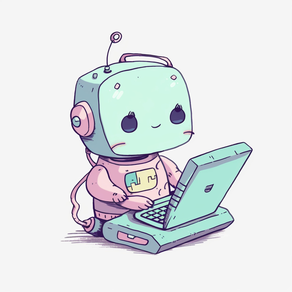 **a happy robot using a computer. White background. Kawaii. pink, lavender, mint green, baby blue, soft yellow. Pale. Cute. Social media --v 5** - Image #3