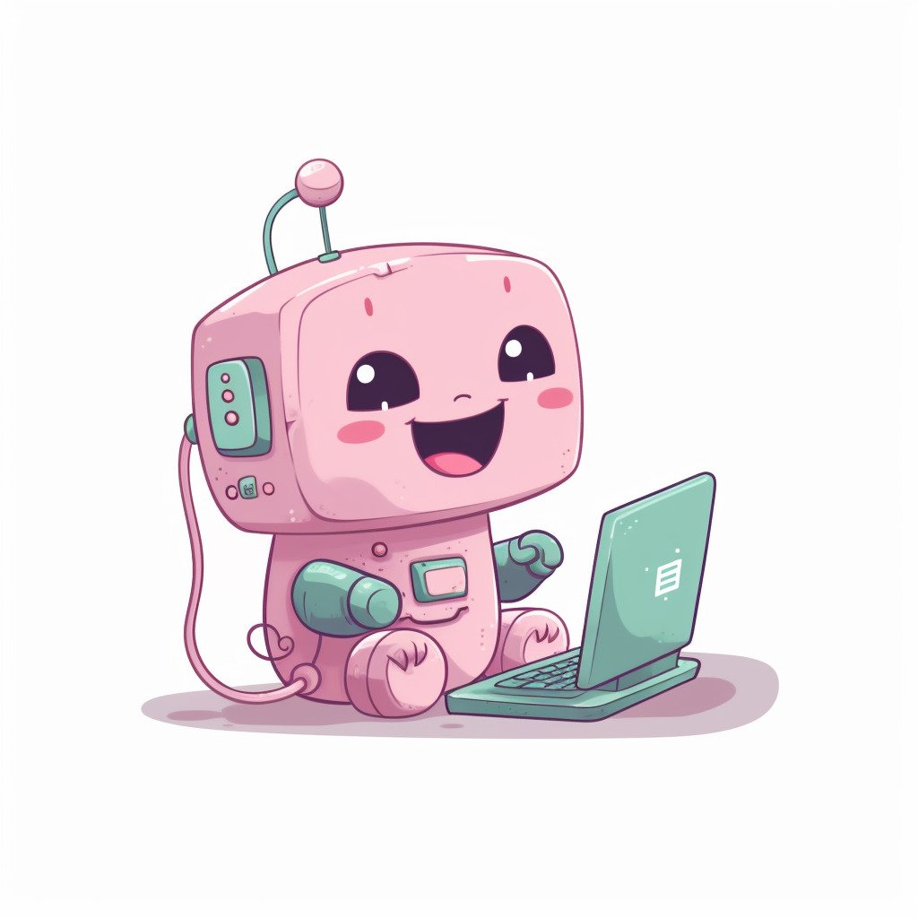 **a happy robot using a computer. White background. Kawaii. Pink. Green. Pale. Cute. Social media --v 5** - Image #1