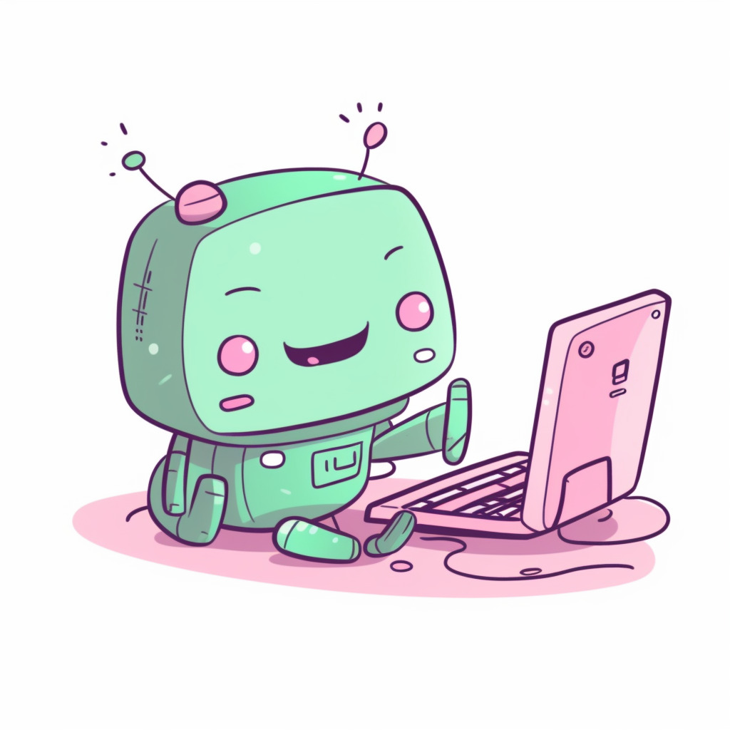 **a happy robot using a computer. White background. Kawaii. Pink. Green. Pale. Cute. Social media --v 5** - Image #2