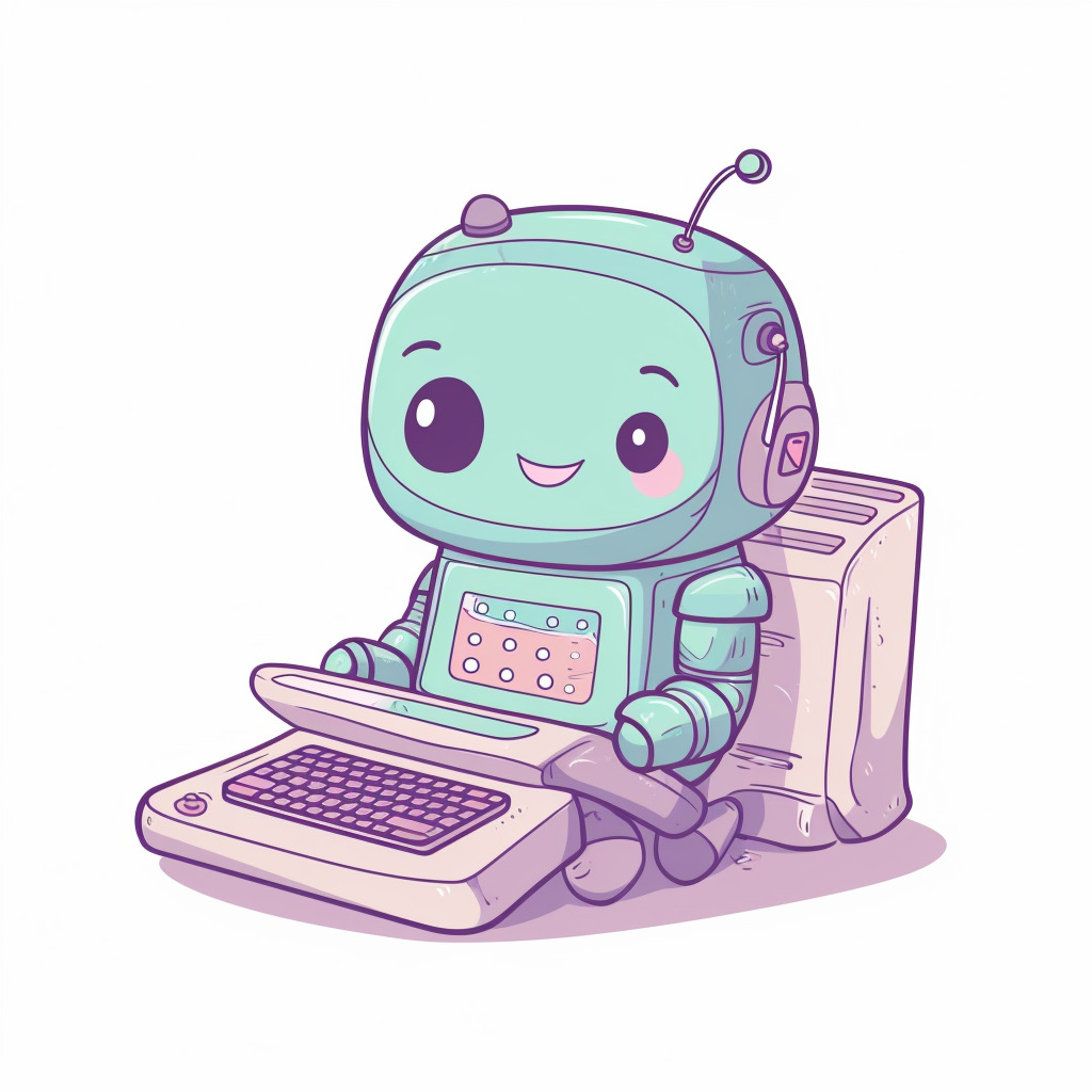 **a happy robot using a computer. White background. Kawaii. pink, lavender, mint green, baby blue, soft yellow. Pale. Cute. Social media --v 5** - Image #1