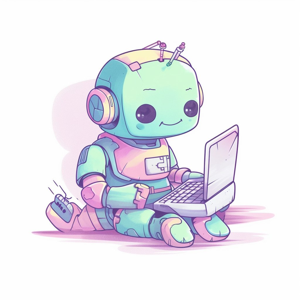 **a happy robot using a computer. White background. Kawaii. pink, lavender, mint green, baby blue, soft yellow. Pale. Cute. Social media --v 5** - Image #1