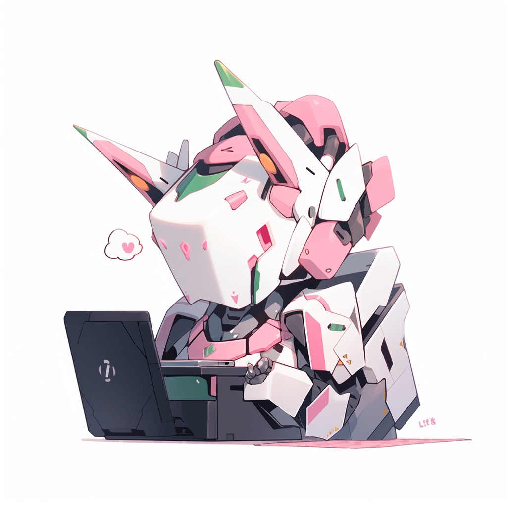 **a mecha using a computer. White background. Kawaii. Pink. Green. Pale. Cute. Facing right --niji 5 --v 5** - Image #3