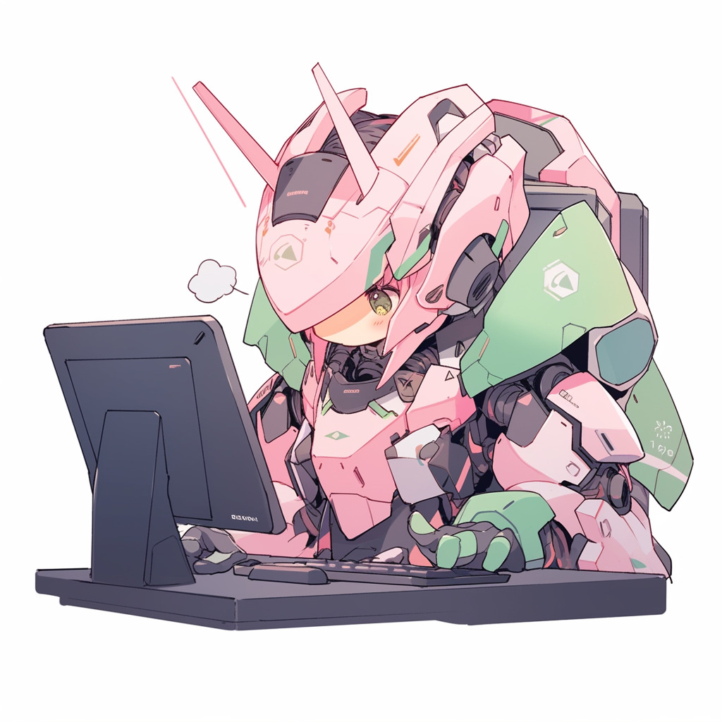 **a mecha using a computer. White background. Kawaii. Pink. Green. Pale. Cute. Facing right --niji 5 --v 5** - Image #1